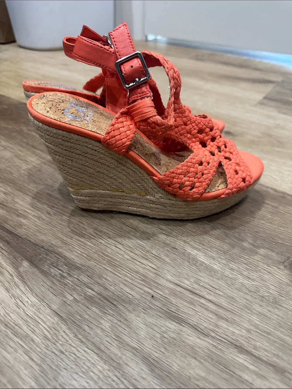Gianni Bini Coral-Orange Braided Espadrille Wedge Sandals - Picture 3 of 8